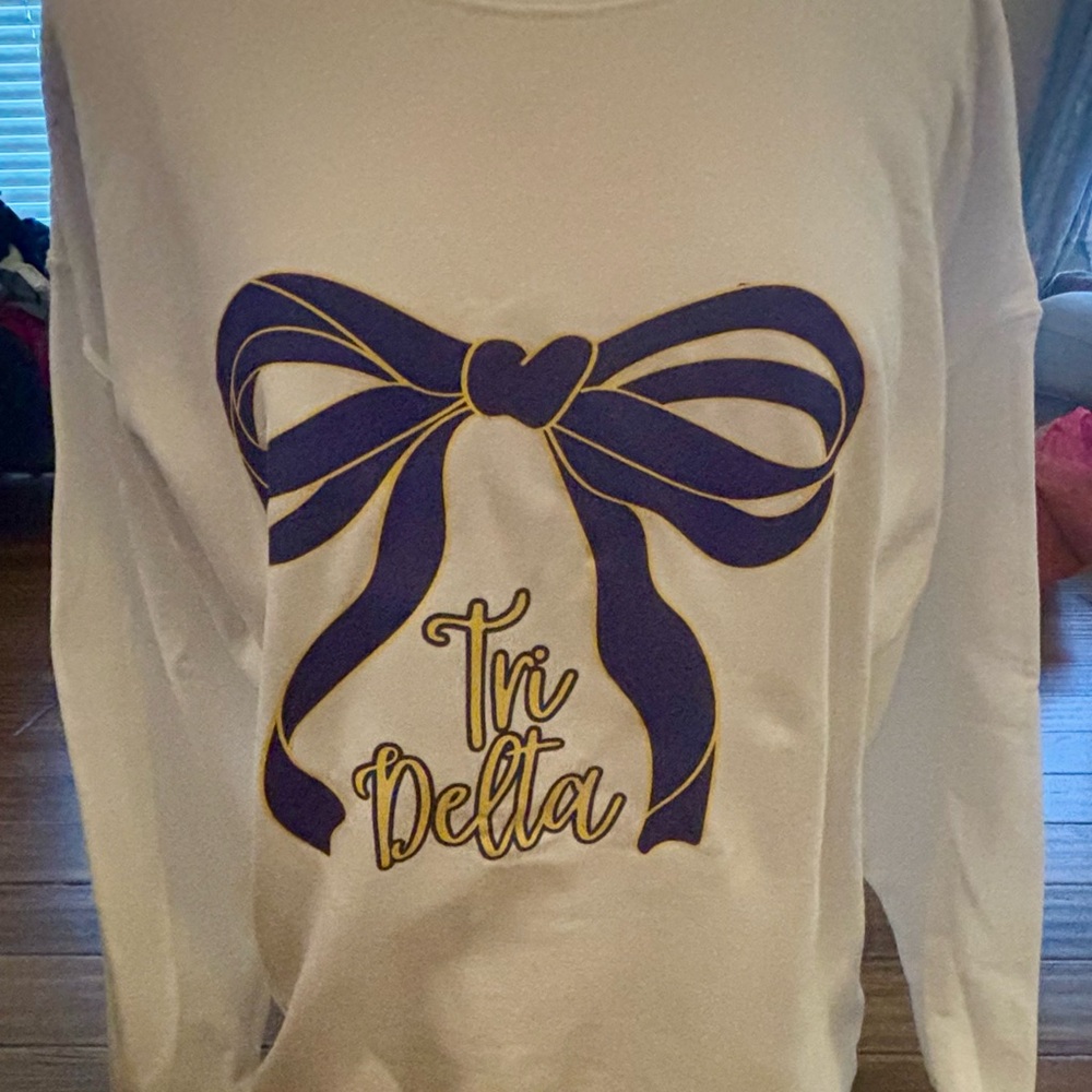 White Long Sleeve Gildan Sweatshirt with Tri Delta and Purple Bow Design